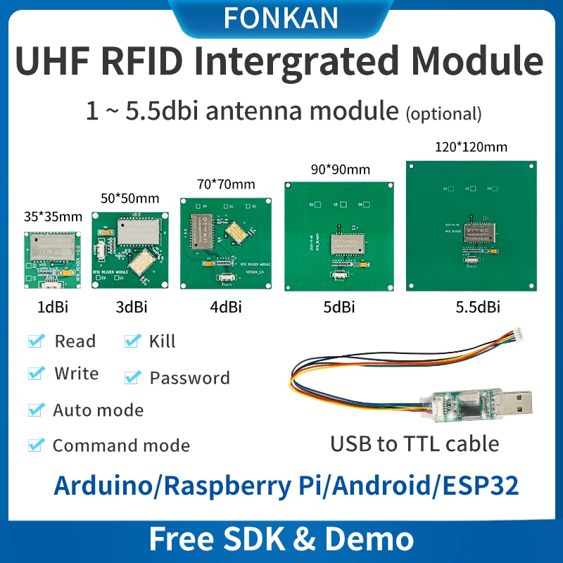 Fonkan UHF Integrált RFID Modul 1-2M Elterjedési terület arduino Málna Pi embedded Rendszer USB RFID Modul UHF Óraadó Artista szabadon SDK