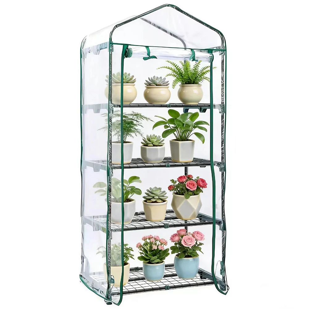 4-Tier Mini Greenhouse Suitable for Indoor and Outdoor Use with Wheels, Small Plastic Plant Greenhouse, Portable Greenhouse with Durable PVC Cover