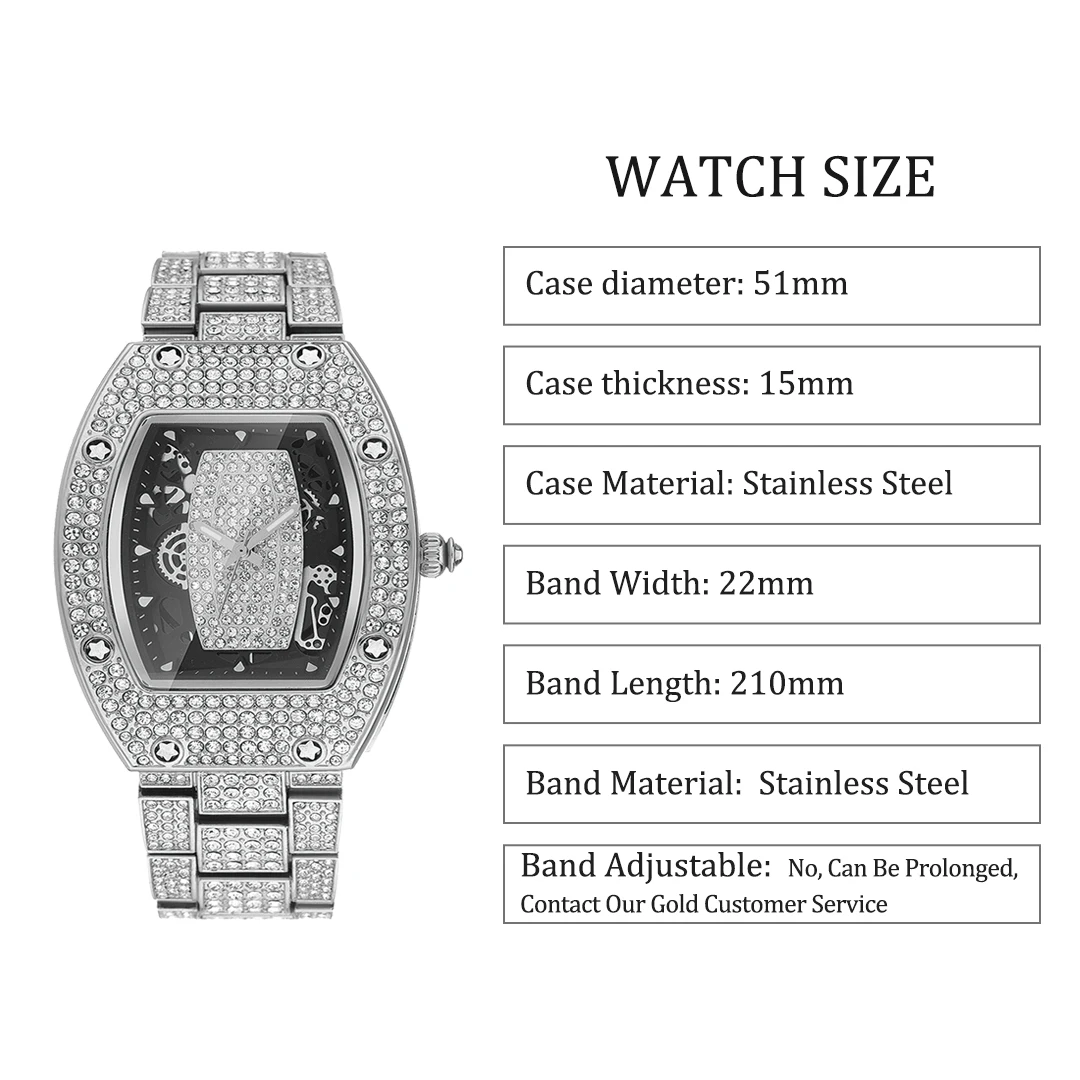 Fashion Gold Men Watches Top Brand Luxury Diamond Wristwatches  Unusual 51mm Skeleton Tonneau Watch Perfect Male Gift Hot Sale