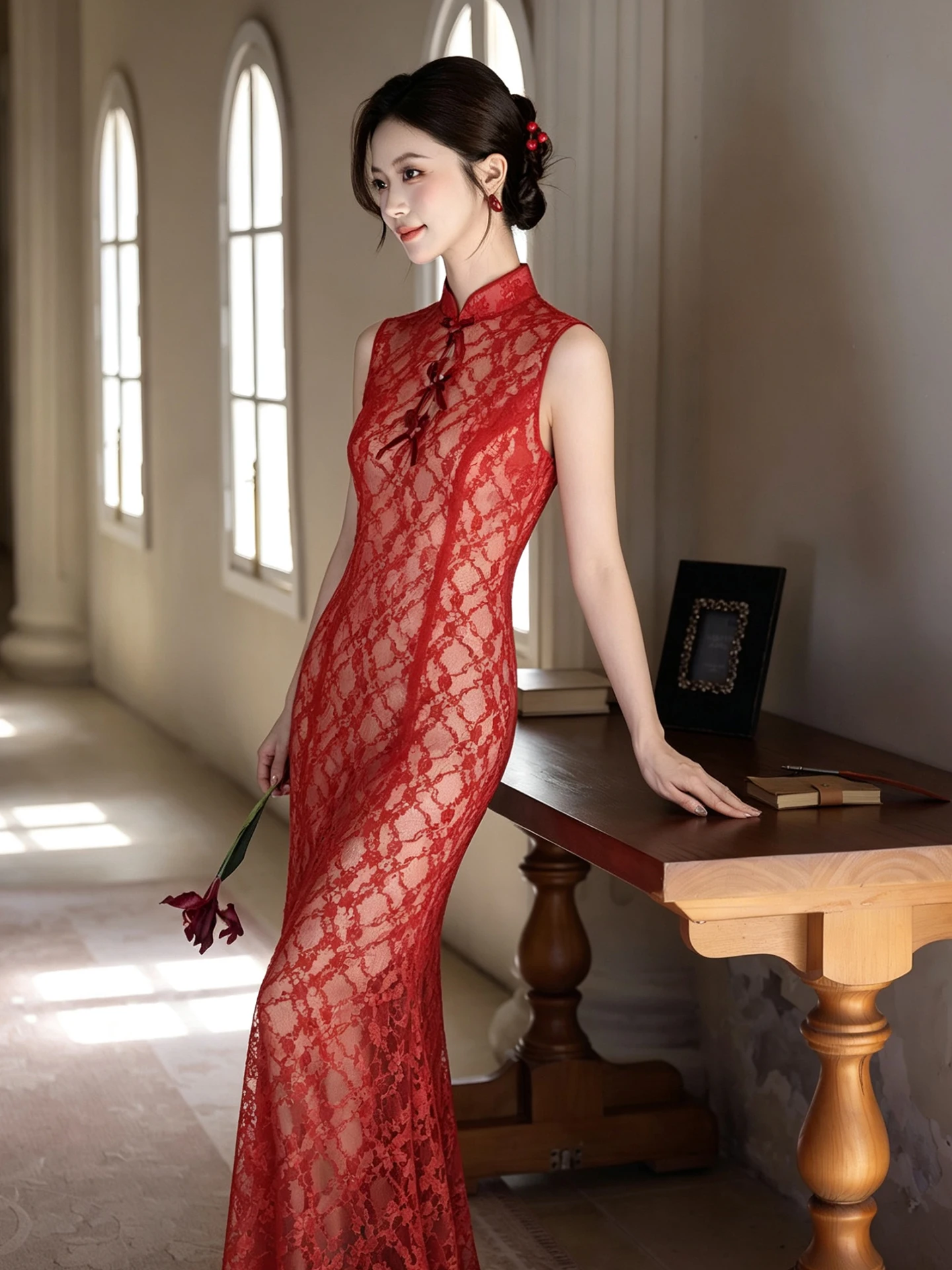 

Красное свадебное платье-ципао с кружевом и силуэтом «рыбий хвост», элегантное роскошное вечернее платье в китайском стиле для помолвки и торжественных мероприятий