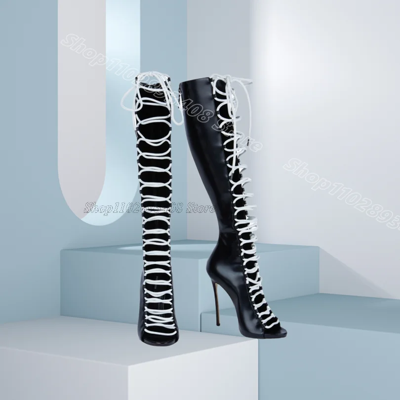 

Черные ботинки на молнии сзади со шнуровкой и открытым носком на шпильке в британском стиле, модные весенние женские повседневные сапоги до колена 2025 Zapatos Para Mujere