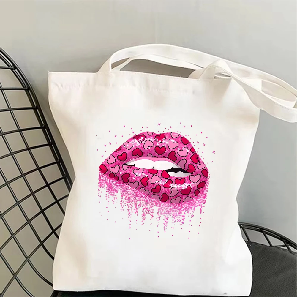 

Y2K Aesthetic Glitter Lips Canvas Shoulder Bag Trendy Hearts Pattern Graphic Girl Friend Gift Casual Vacation Shopper Pouch