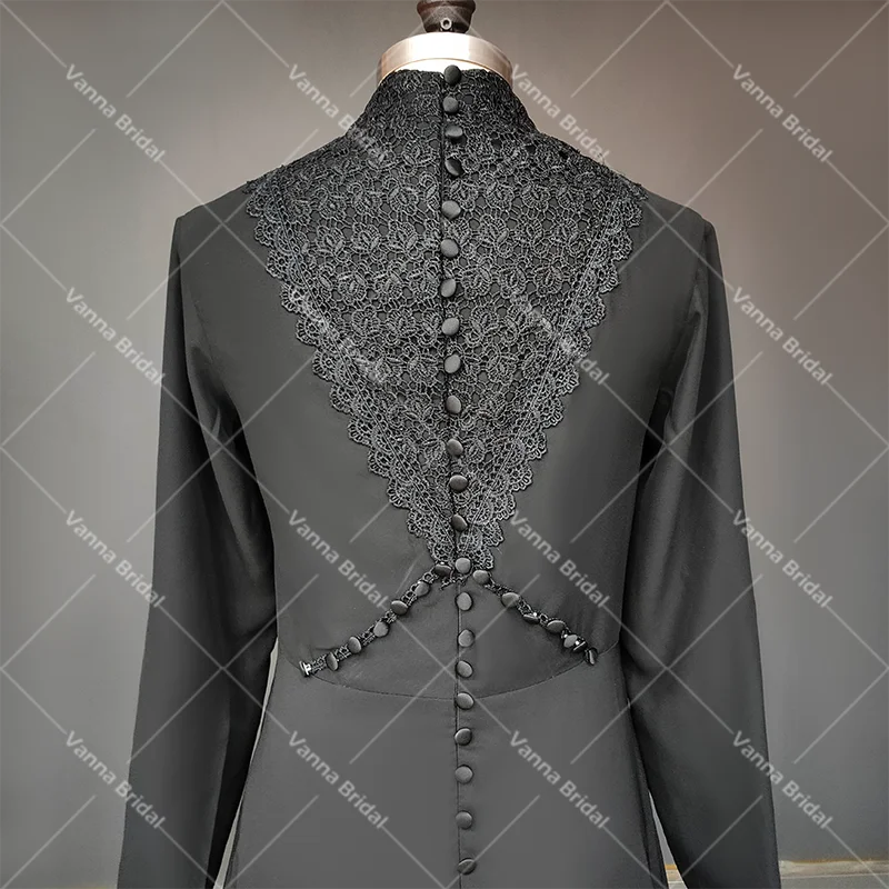 Black Lace Long Sleeves Wedding Robe Dresses High Neck A Line Buttons Custom Made Drop Ship Muslim Ruched Chiffon Bridal Gowns