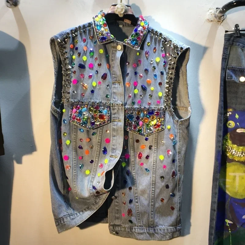 Spring Rainbow Color Diamonds Beaded Rivets Denim Waistcoat Rhinestones Sleeveless Jeans Vest Coat Cowboy Jacket Cardigan Tops