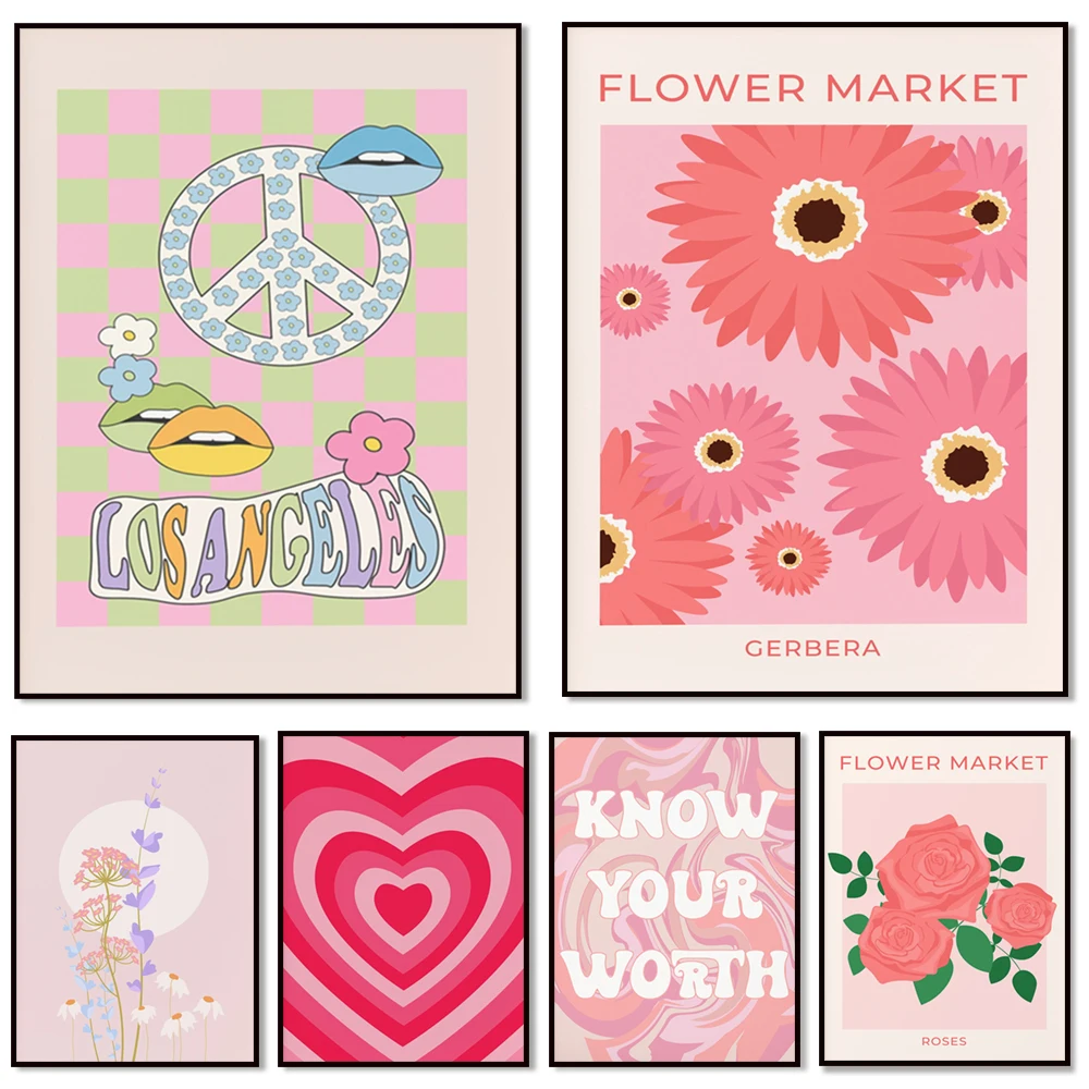 Colorful boho print, retro peace sign, fiery heart, inspirational quote, pink aesthetic avant-garde decorative canvas poster