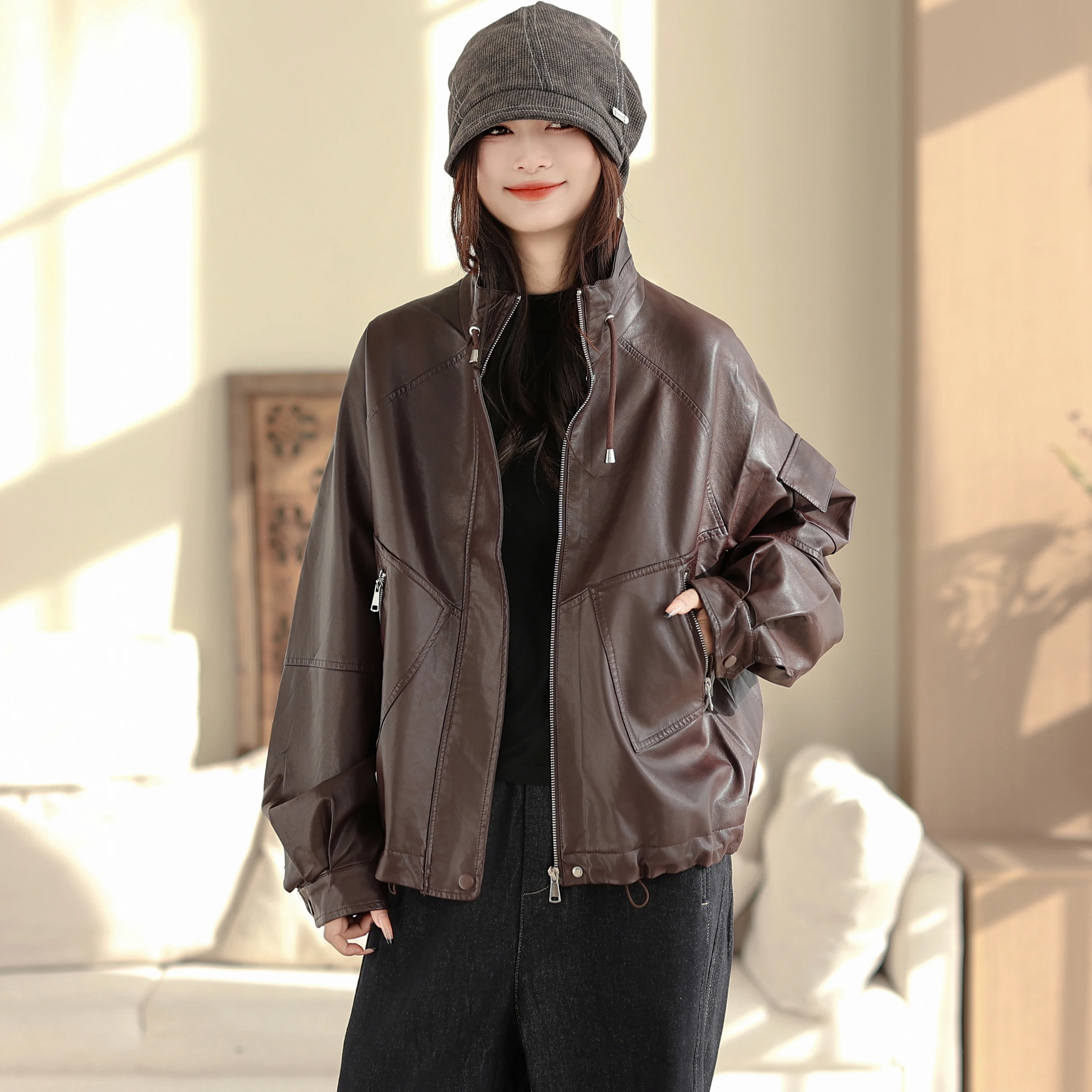 Giacca Casual da Donna in Pelle PU, Vestibilità Ampia, Nuova Moda Autunno Inverno, Design Semplice e Alla Moda per Giovani Donne