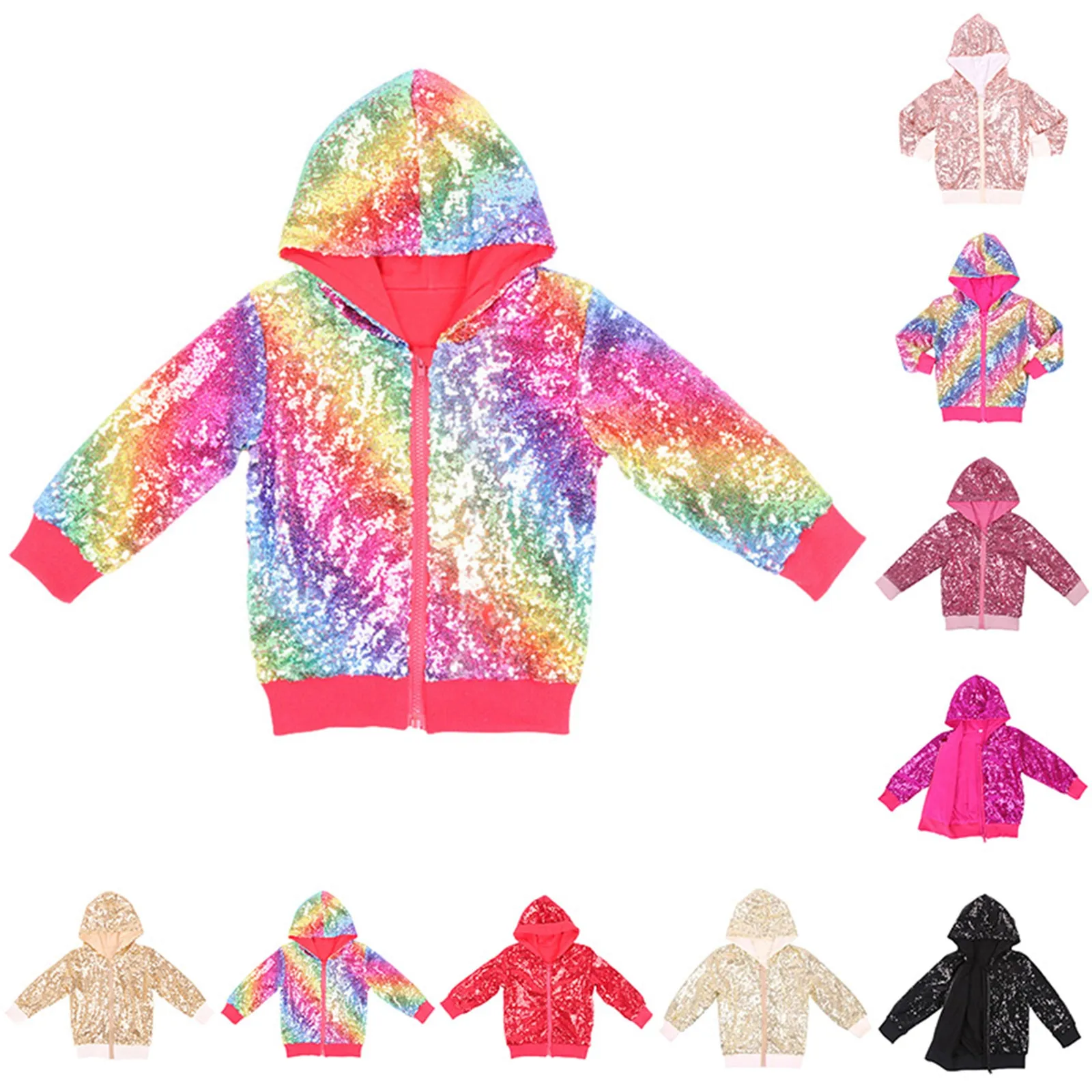 

Fashion Girls Sequin Pattern Hooded Jacket Clothing Spring Autumn Children Coat Long Sleeve Toddler Kids Sport Clothing 2 to 9 Y