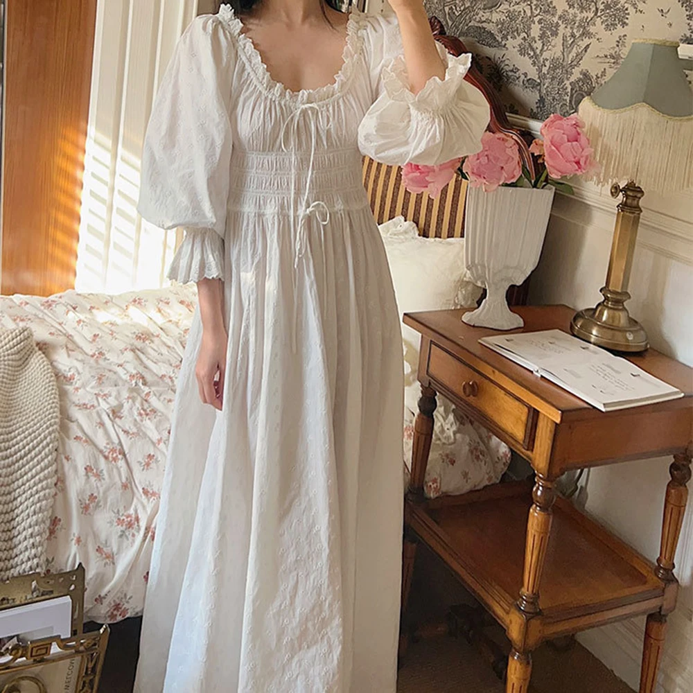 2024 New 100% Cotton Embroidery Women Nightgown Beautiful Vintage Nightdress Long White Palace Retro Princess Sleepwear Longue