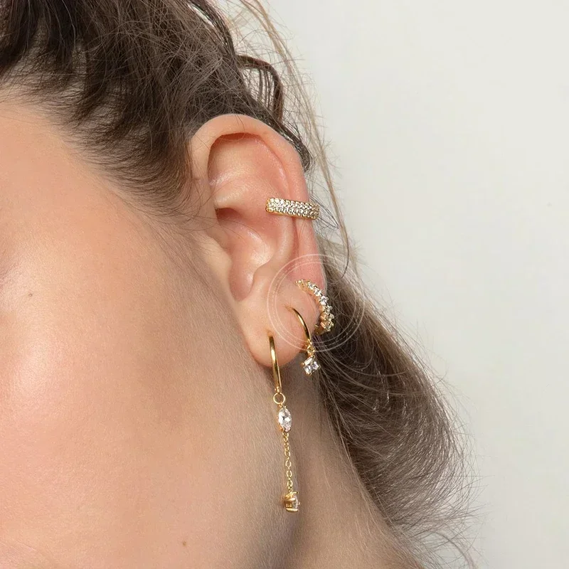 Pendientes de aro de circonita blanca geométrica con aguja de Plata de Ley 925 para mujer, pendientes dorados de lujo, accesorios de joyería para fiesta