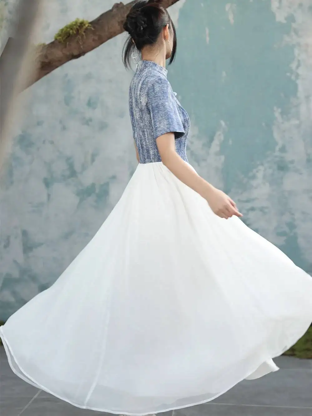 UMI MAO Nowa Chińska Sukienka Vintage Elegancka Damska Niebiesko-Biała Kontrastowa Sukienka w Linii A Imitacja Denimu Łączona Szyfonowa Długa Sukienka