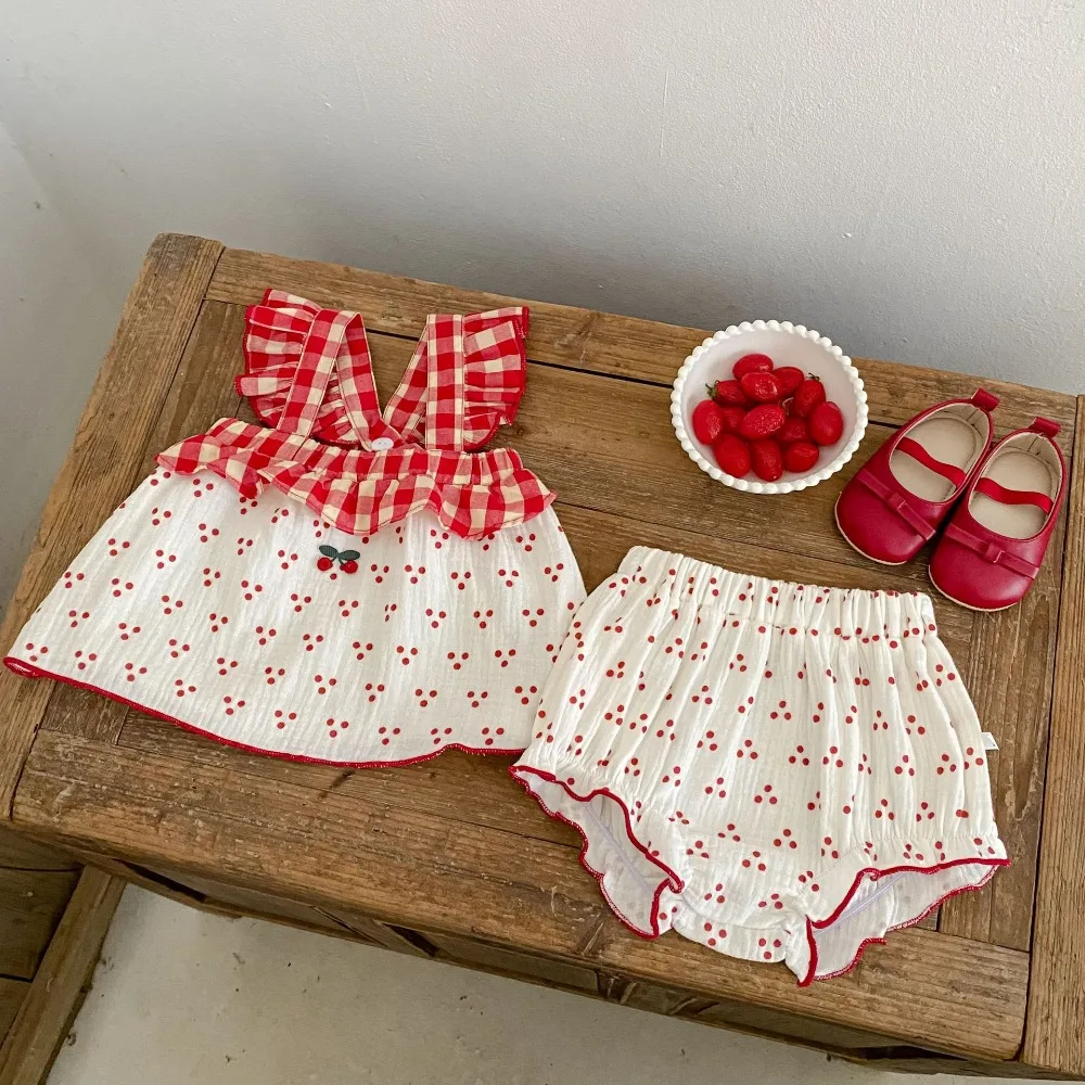 

Cute Baby Girl Clothing Set 0-4Years Toddler Kids Sleeveless Plaid Ruffles Cherry Tank Tops+Bloomers Short 2PCS Summer Clothes