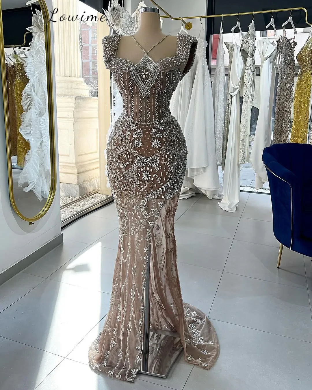 

Elegant Women Evening Dresses Side High Slit Crystals Mermaid Party Dresses