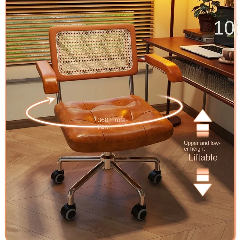 Silla giratoria Retro de ratán para ordenador, asiento de oficina japonés, cómoda silla de escritorio de almacenamiento con reposabrazos