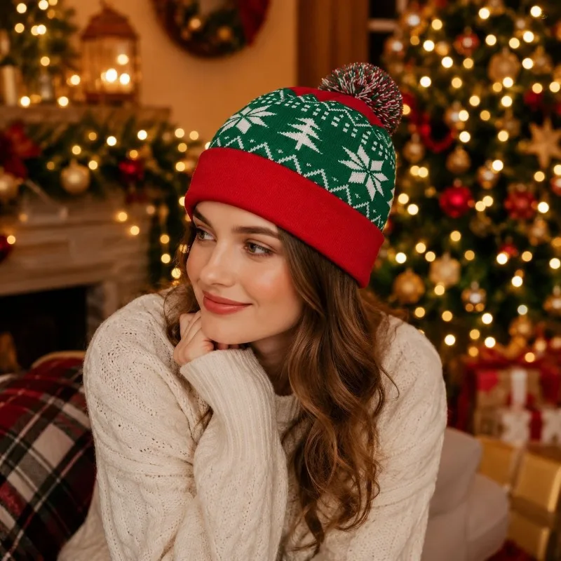 Cozy Thickened Soft Warm Red Christmas Knitted Pompom Hat for Parent Child Autumn Winter Brimless Foldable Wool Beanie Cap