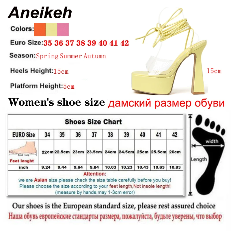 Aneikeh Sexy Ankle Strap Sandals Women PVC Transparent Open Toe Lace-Up 15CM Super High Heels Platform Chunky Party Dress Shoes