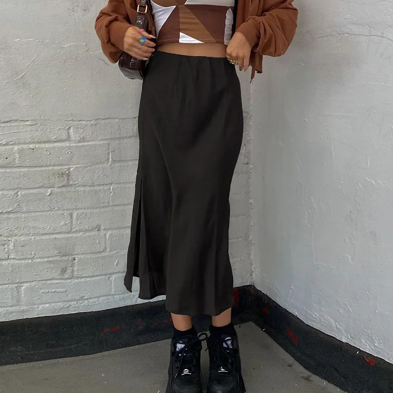 Casual Loose High Waisted Midi Skirts Femme Jupe Longue Women Sexy Side Slit Skirt A Line Streetwear Vintage Y2k Black Brown