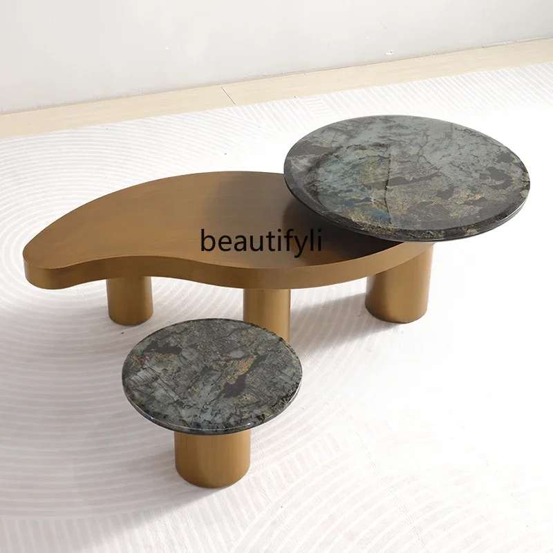 V Natural Luxury Stone Endtable Designer Model Special-Shaped Marble round Coffee Table Combination Light Luxury