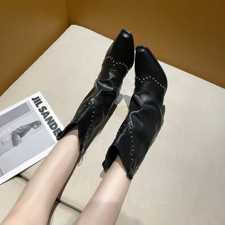 Retro Western Cowboy Boots for Women Spring Autumn New Mid Calf High Heels Pant Boots Female Pointed Toe Thick Heeled Ankle Boat