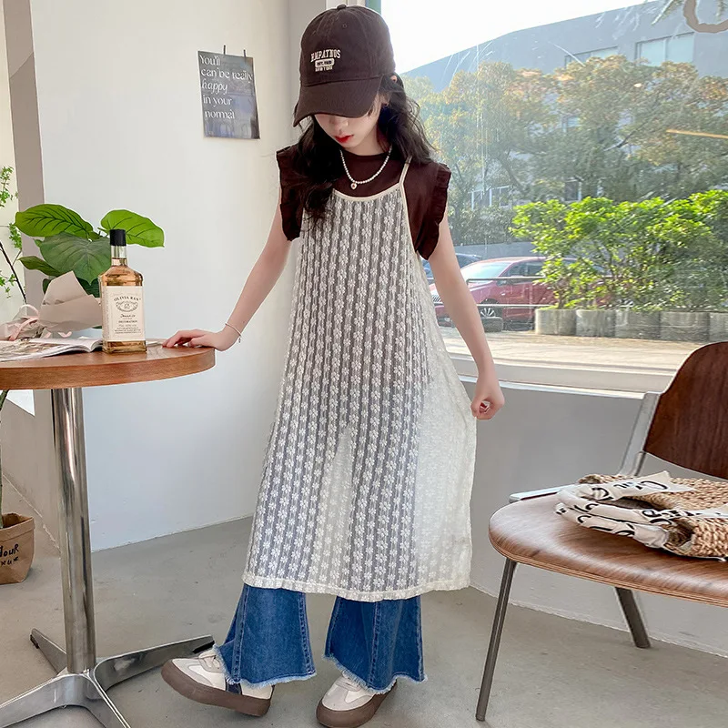 

Girls Summer Dress 2024 New Long Lace Halter Dress Sundress Big Children Chic Korean Simple Style Children Clothes Skirt