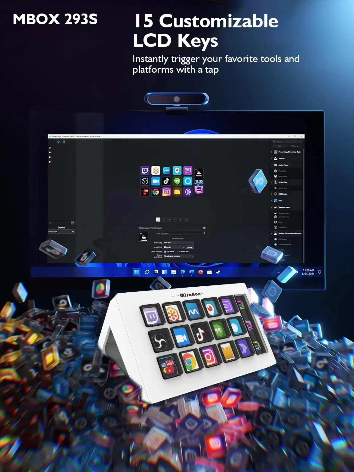 MiraBox 293S StreamDeck Visual Keyboard 15 Keys Live Content Creation LCD Button Custom Controller Button For Windows/MacOS Gift