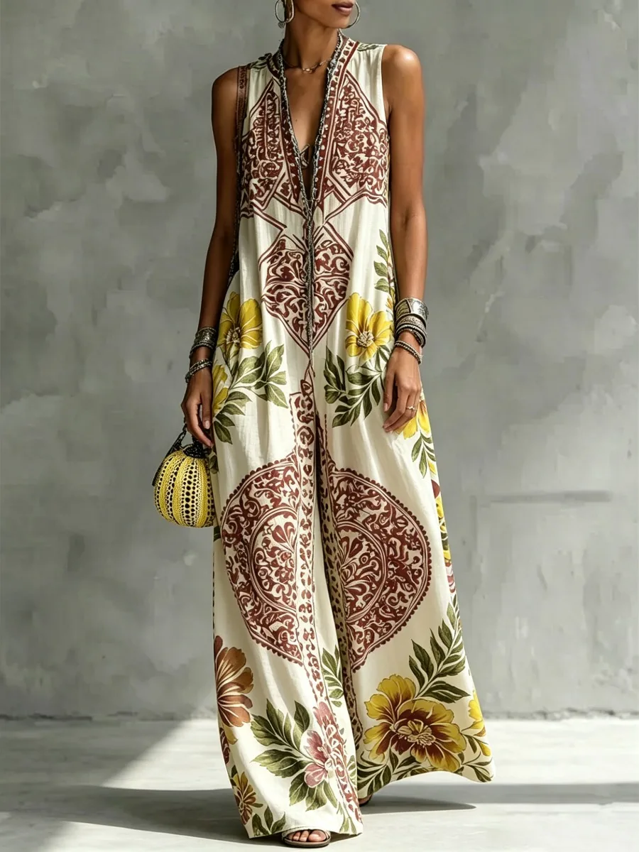 Missuoo Women's Casual Bohemian Floral Print Jumpsuit Deep V-neck Sleeveless Wide Leg Full Length One-piece Suit Vacation Outfit view 2