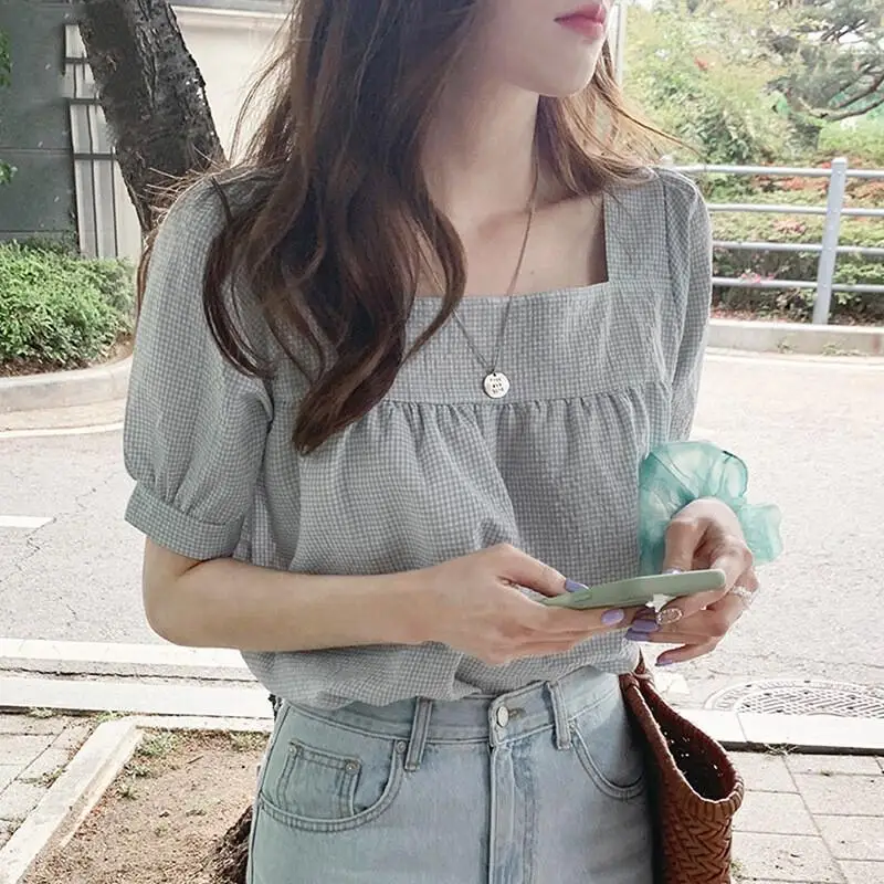 

Square Neck Women Short Sleeve Shirt Cotton Summer New Japanese Style Sweet Fresh Versatile Small Check Long-Sleeved Innerwear