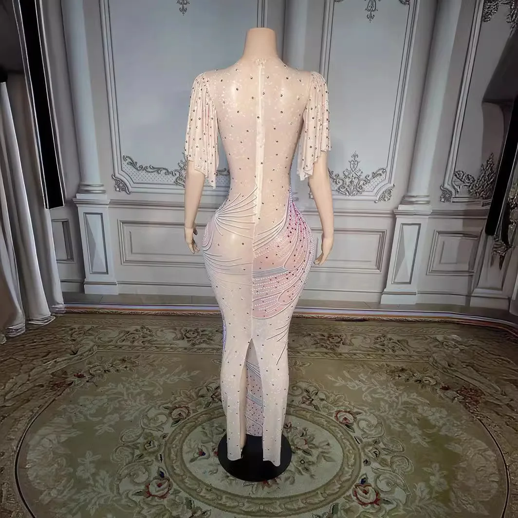 ชุดราตรีวันเกิดสะโพกชุด Rhinestone บาร์ประสิทธิภาพตาข่ายชุดราตรีโฮสต์ Vestido Con Piedras Y Cristales Lujo