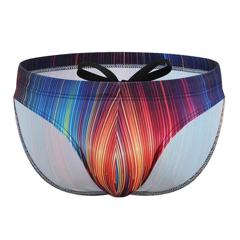 

Men's Printed Swim Briefs, Low Waist Drawstring Beach Trunks, Quick-Drying Ice Silk Nylon Swimwear hot spring pool bathing suits