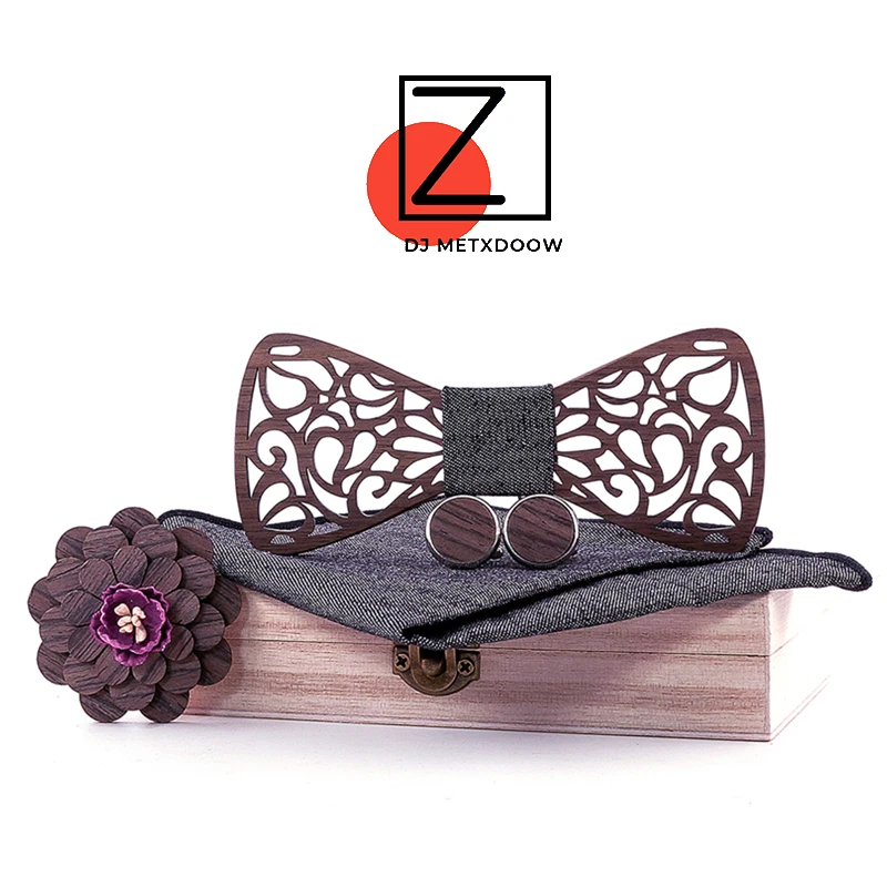 

Wood Bow Tie Butterfly Dark Black Floral Bow ties Brooch Cufflinks Geometric Wooden Hollow Casual Bow ties accesoire homme lux