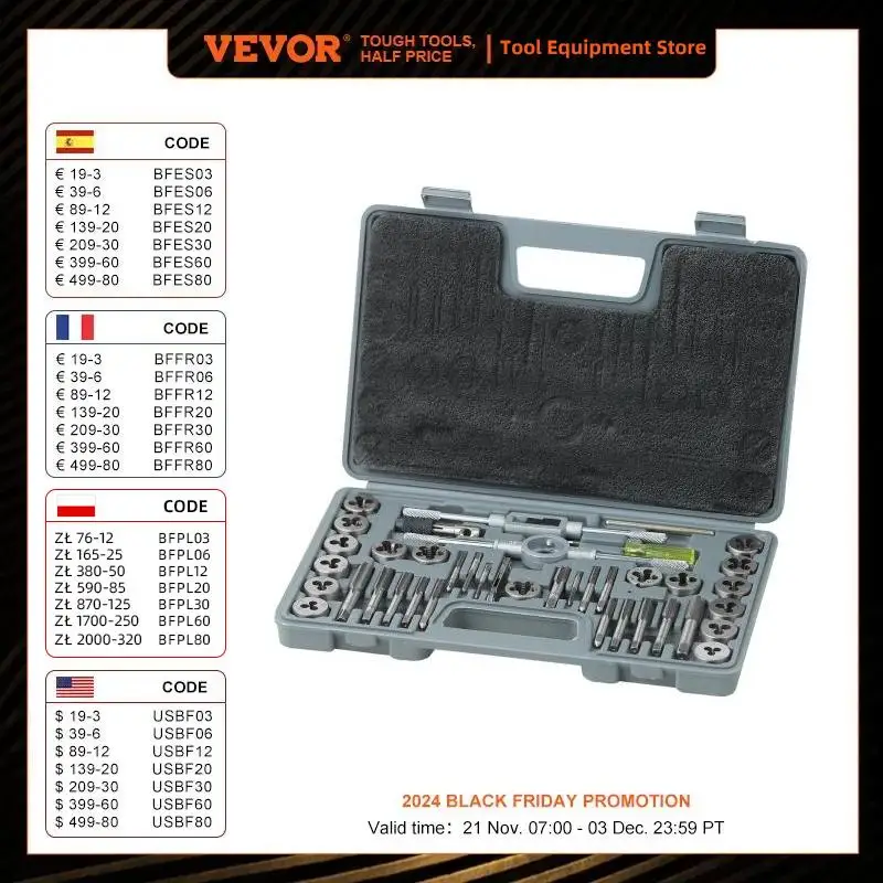 VEVOR Tap and Die Set 40PCs 60PCs 80PCs 110/116PCs Metric or SAE Standard Bearing Steel Taps and Dies Essential Threading Tool