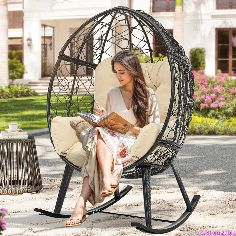 كرسي هزاز على شكل بيضة في الهواء الطلق مع راحة مبطنة، سعة Wicker Patio Rocker سعة 250 رطل، مضاد للانزلاق، Rattan D مرن لجميع الأحوال الجوية