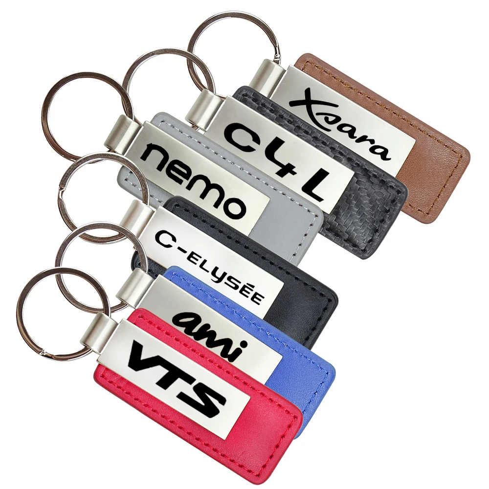 Car Key Rings FOR Citroen VTS PICASSO NEMO JUMPY CACTUS C3 C4 C5 C6 C8 BERLINGO AMI Leather Metal Key Chain Emblem Accessories