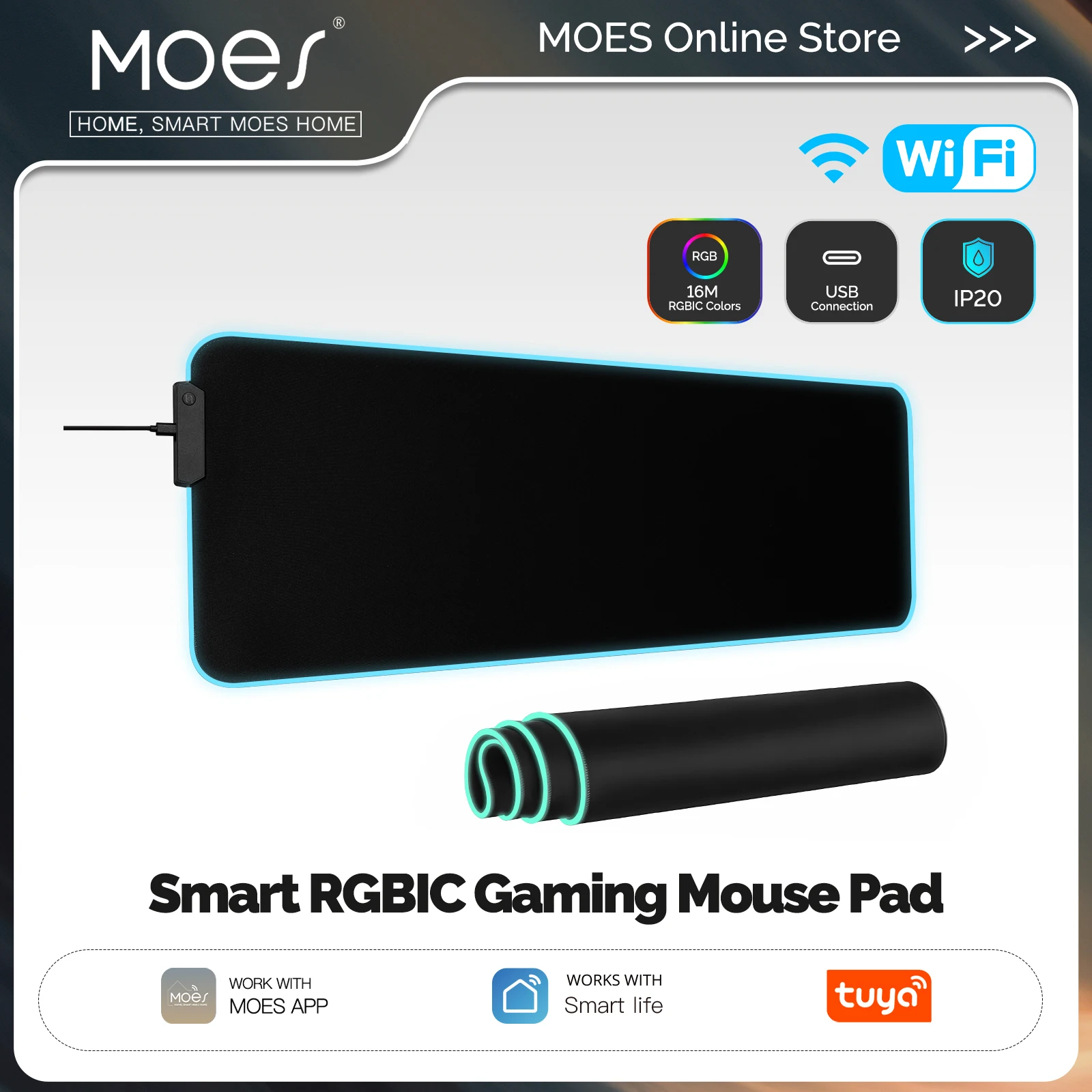 MOES Tuya WiFi Smart LED Mouse Pad RGBIC 16 Million Color Light DIY Atmosphere Desk Carpet Waterproof Mat For Gaming PC Computer