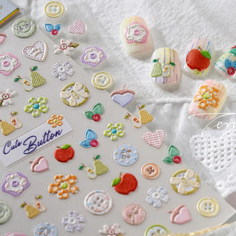 귀여운 버튼 사랑 하트 네일 아트 스티커 사과 배꽃잎 리본 나비 스윗 5D 셀프 접착 매니큐어 데칼 DIY