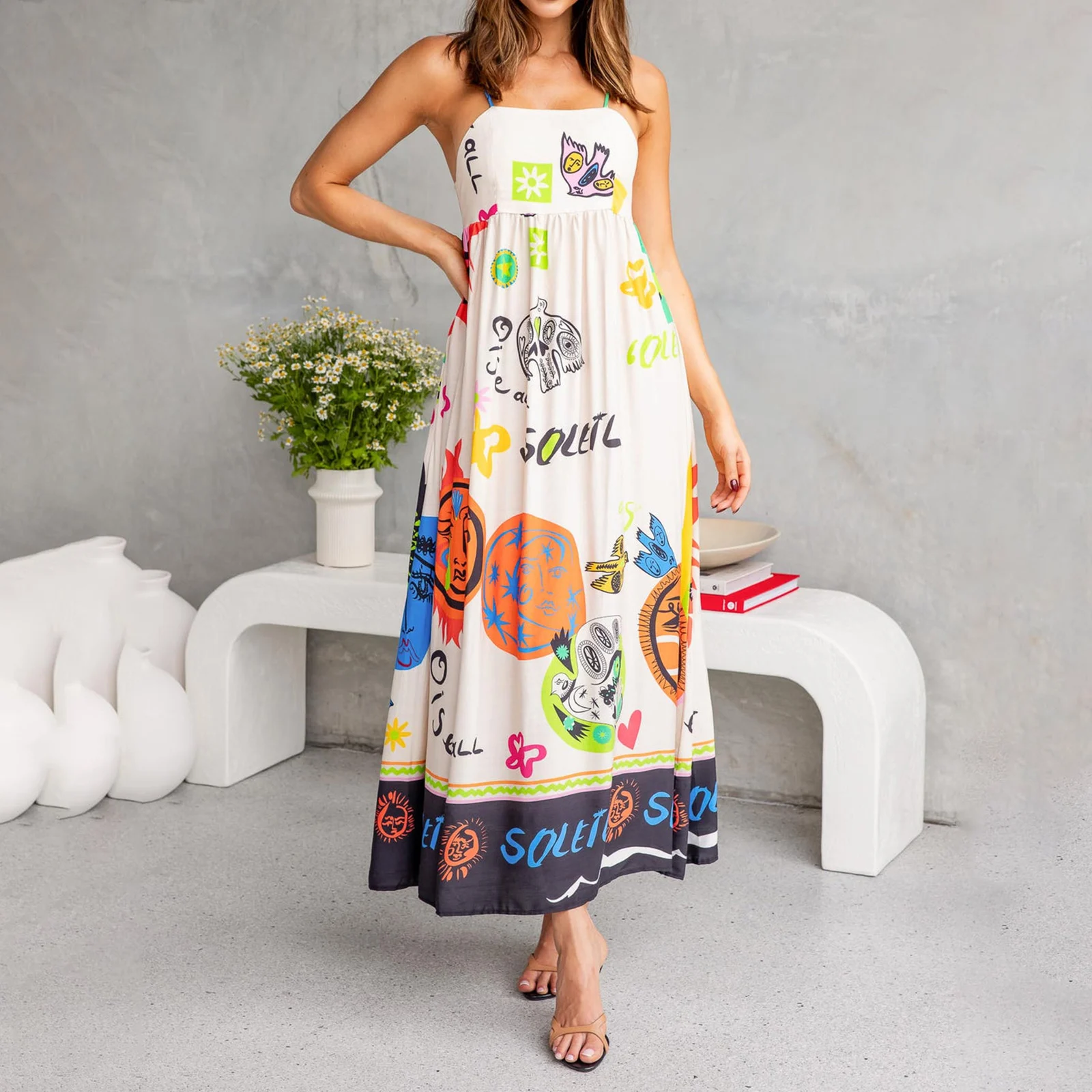 

Women's Bohemian Sling Dress Summer Cartoon Print Sleeveless Tie Back A-Line Party Dress for Vacation Cocktail Beach Streetwear