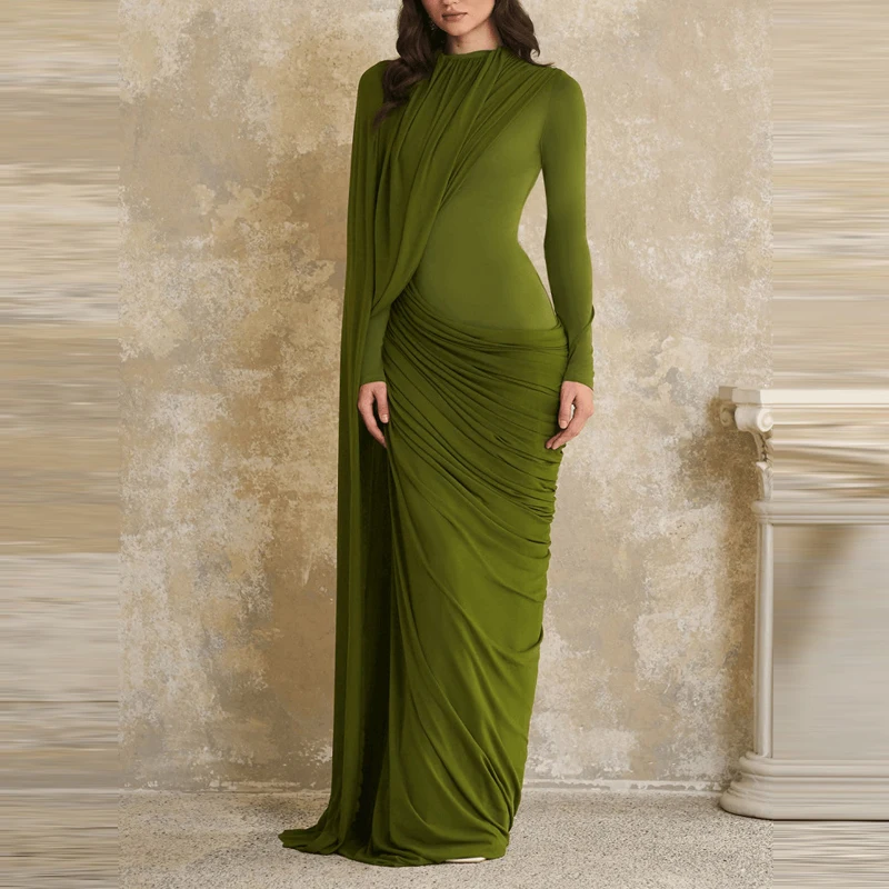 

Женское элегантное платье с плиссировкой, облегающее, однотонное, вечернее, с длинными рукавами, с завышенной талией, новинка весенней коллекции.