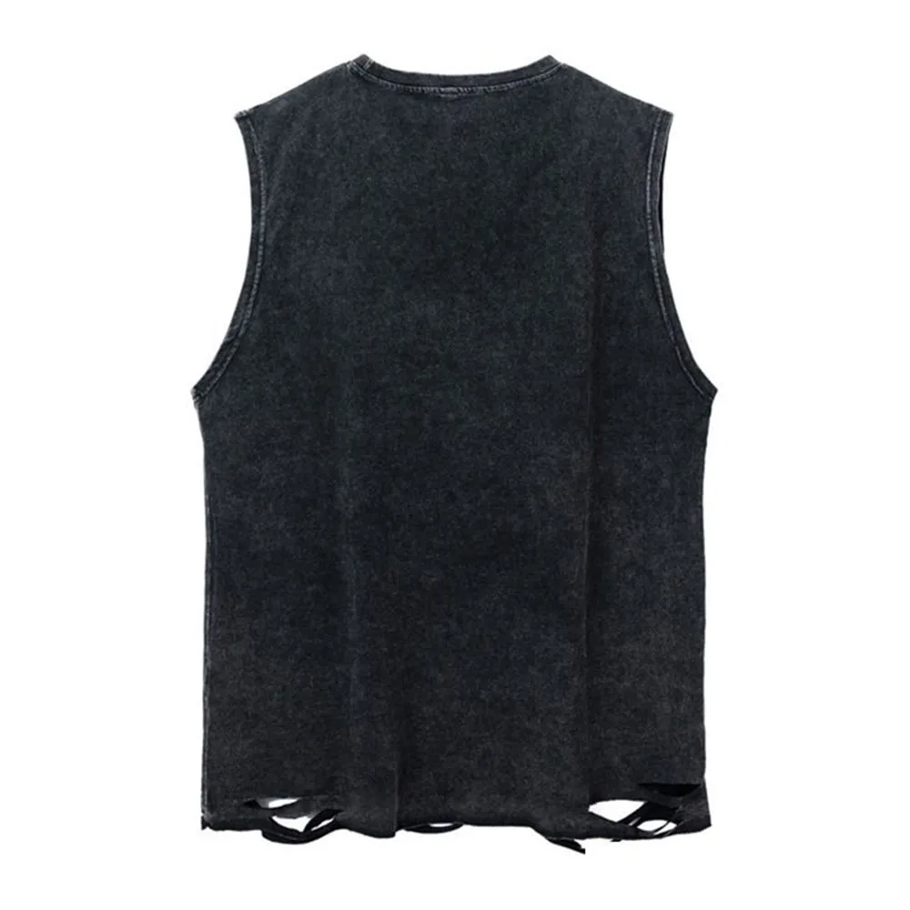 Mens Casual Washed Distressed Vest 2024 Summer New Fashion Versatile Hole Printed Metal Necklace Sleeveless T-Shirt For Men