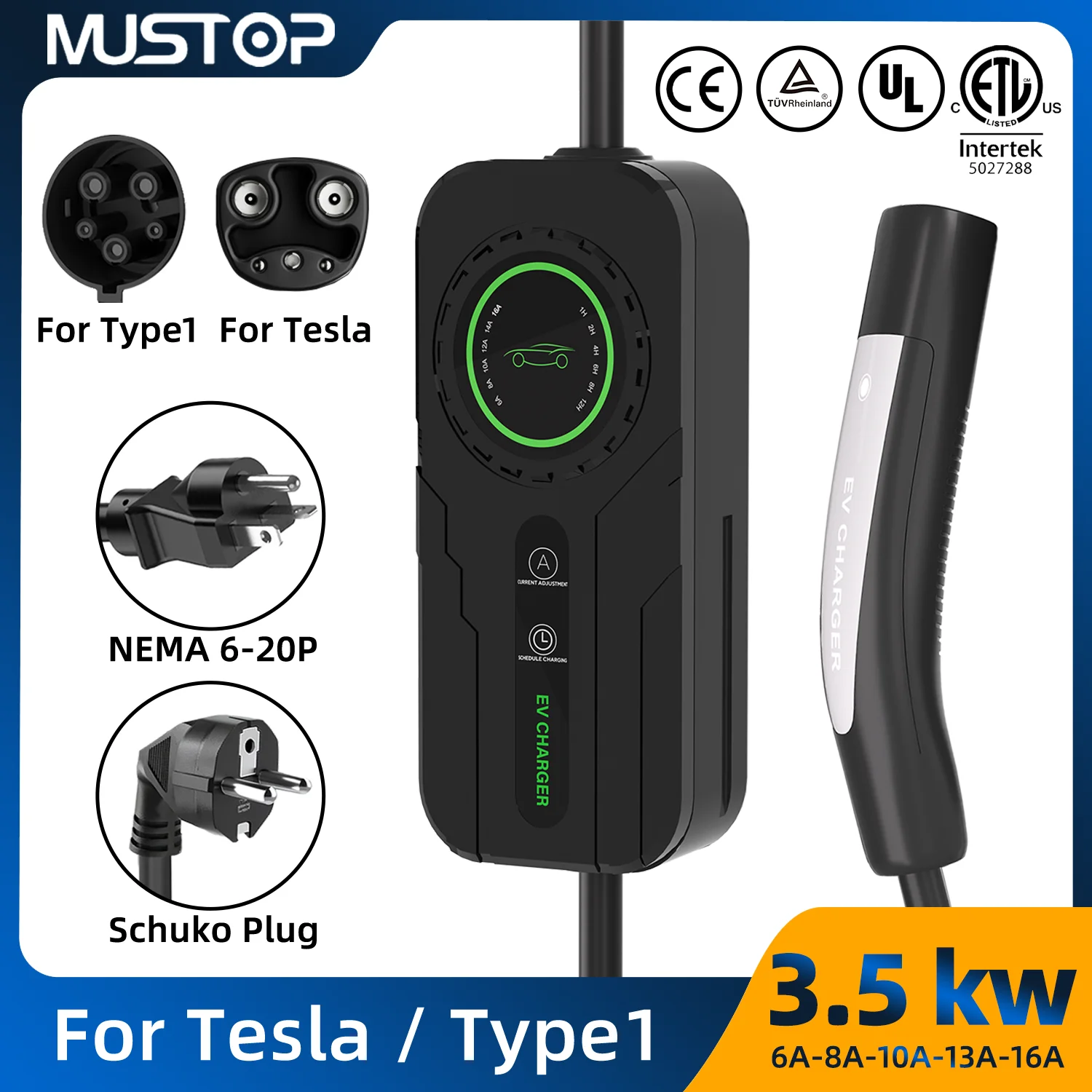 

MUSTOP Fast EV Charger Portable 3.5kW 5m NACS Type1 Charger Plug EU US 16A With Set Delay Schedule Charging Station for Tesla