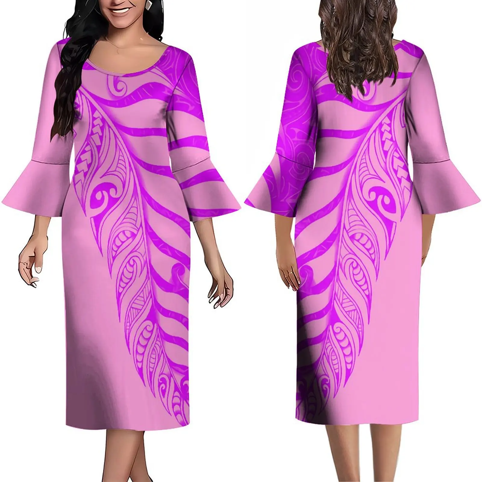 Women Polynesian Big O-Neck Dress Flared Sleeve Cute Hawaiian Style Samoan Tribal Clothing Yellow Pink Accept Customization