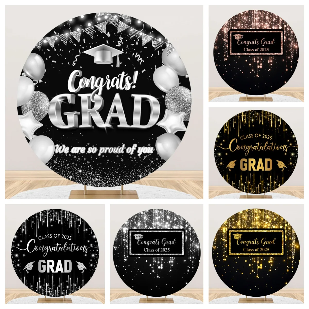 Class Of 2025 Happy Graduation Round Photography Backdrop Sparkling Scholar Hat Balloon Party Decor Adults Portrait Photo Props