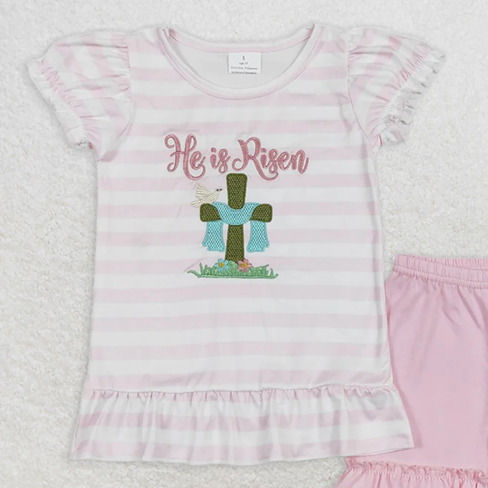 Ensemble chemise et t-shirt de pâques pour bébés filles, avec short à volants à rayures roses, pour le printemps