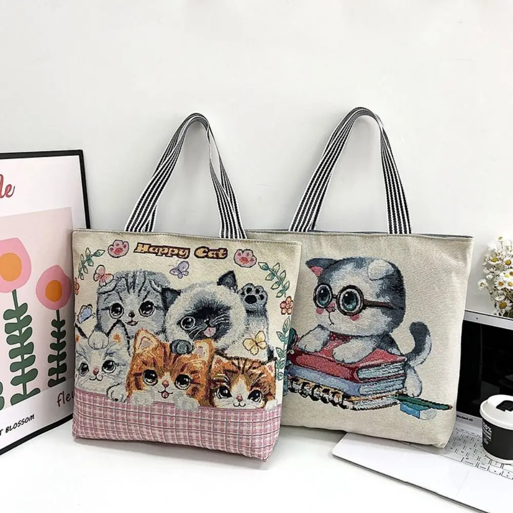 Large Capacity Cloth Pouch Ethnic Style Handbag Vintage Cute Cat Embroidery Animal Shoulder Bag Fashion Personality Tote Bag