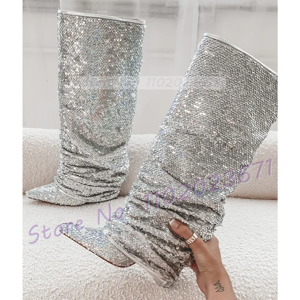 

Sparkling Sequins Fold Over Boots Women Pointy Silver Thin High Heel Shoes Female Night Out Fashion Slip On Pleated Tall Boots