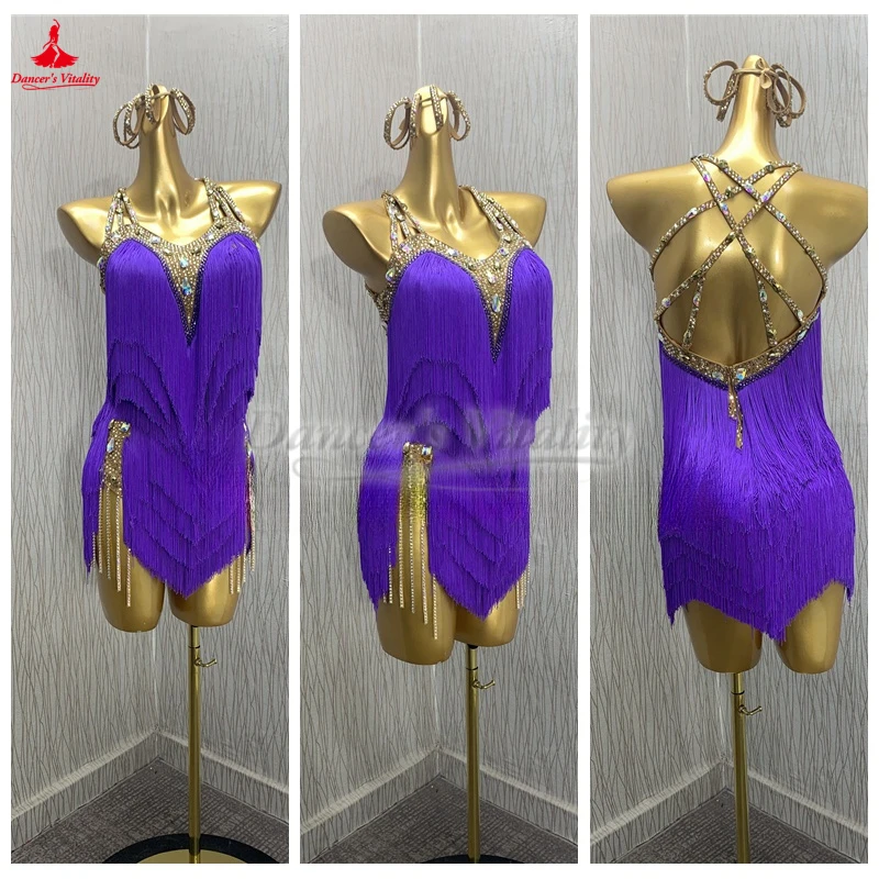 

The New Style Purple Latin Dance Sleeveless Tassels Dress Female Chacha Samba Rumba Jive Perform and Contest Clothing Customize