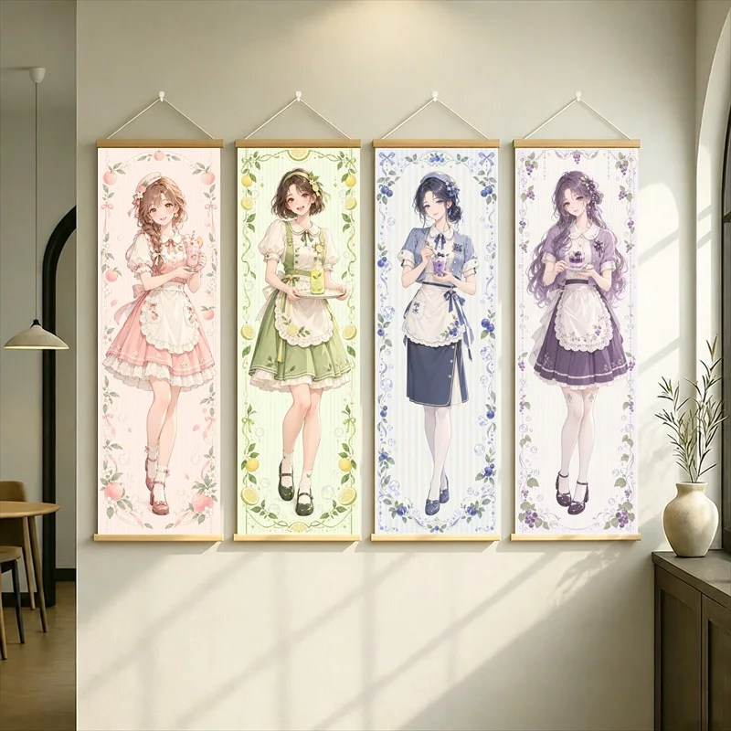 Anime Girls in Colorful Maid Outfits Hanging Scroll with Pink, Green, Blue and Purple Floral Borders for a Reading Nook