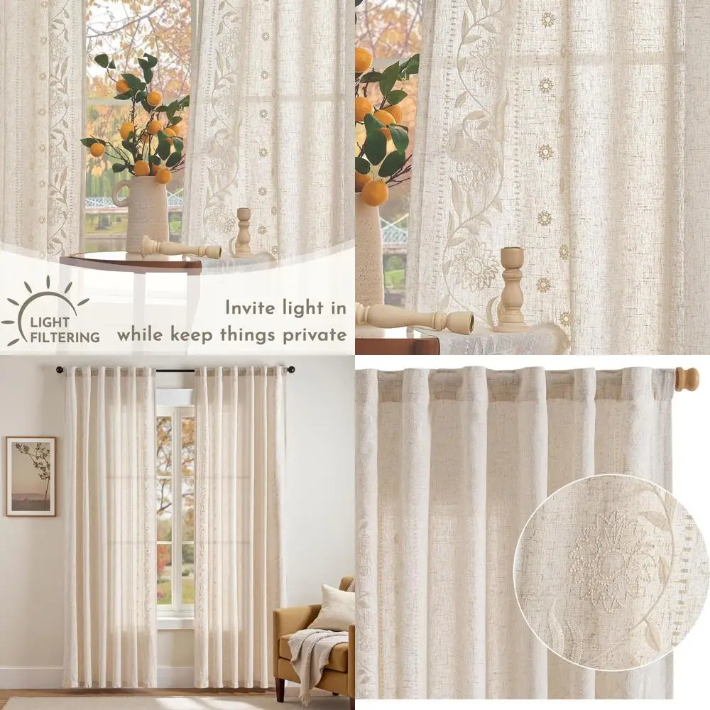 

Льняные шторы цвета слоновой кости и бежевые, длина 84 дюйма, с вышивкой цветочным узором, в стиле фермерского дома, светопроницаемые, для гостиной и спальни