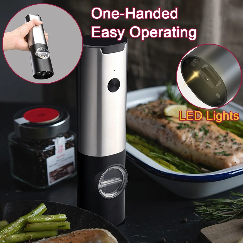 Rechargeable Electric Salt And Pepper Grinder Set With LED USB Charging Base Stainless Steel Automatic Spice Grinder Pepper Mill