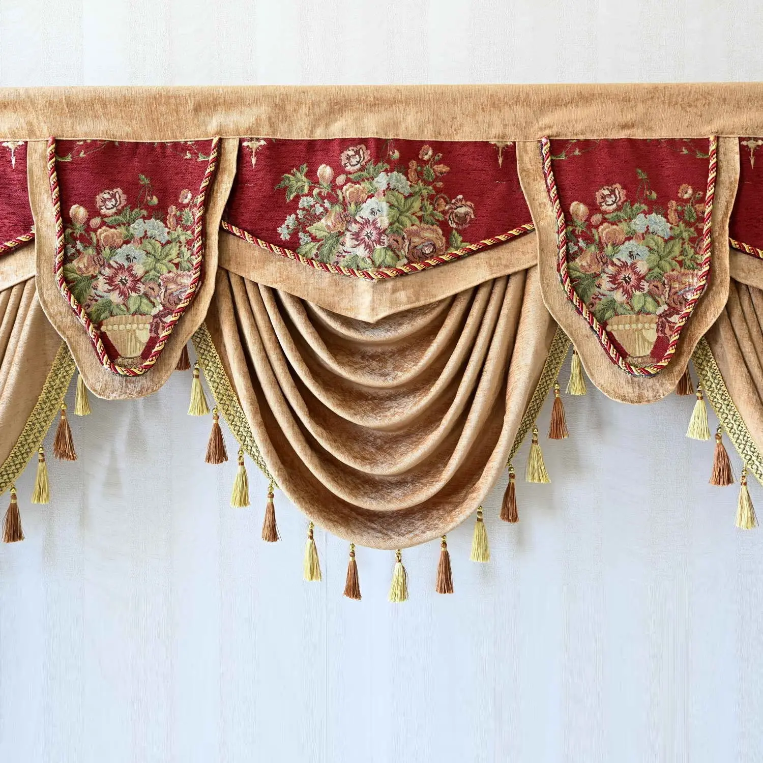 Luxury Brown Burgundy Floral Waterfall Valance for Living Room