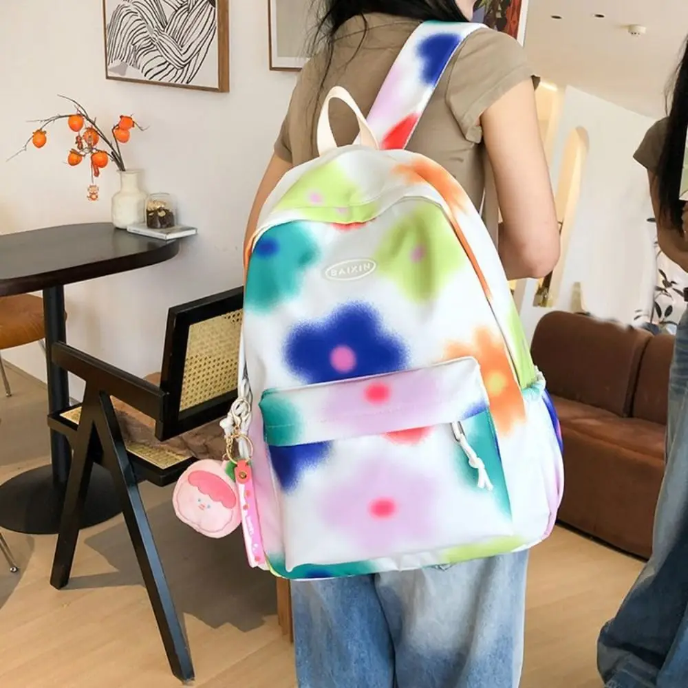 Mochila de flor de grande capacidade, estilo coreano graffiti, bolsa de ombro com pingente, bolsa escolar floal criativa colorfu para estudante