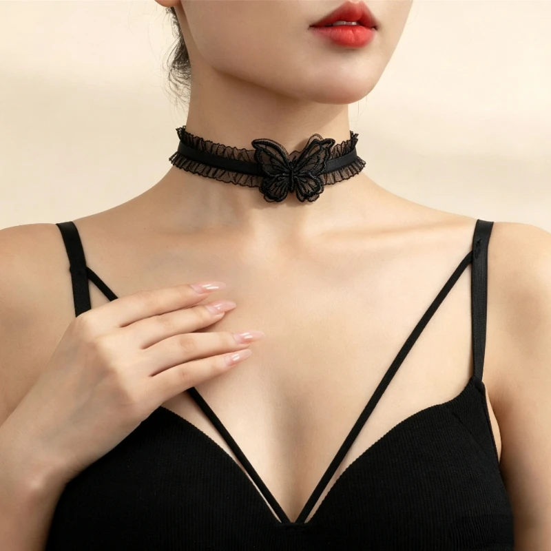 Black Butterfly Lace Choker Necklace Gothic Velvet Ruffled Mesh Choker Punk Collar Necklace for Women Y2K Fashion Jewelry Gift